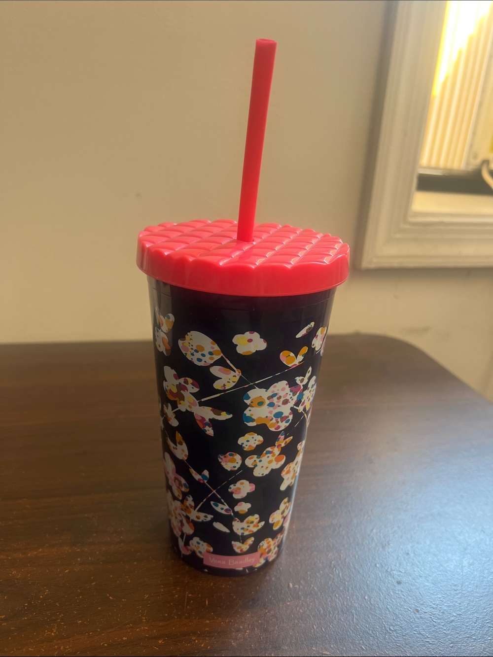 Vera Bradley Floral Travel Tumbler with Bright Pink Lid and Straw